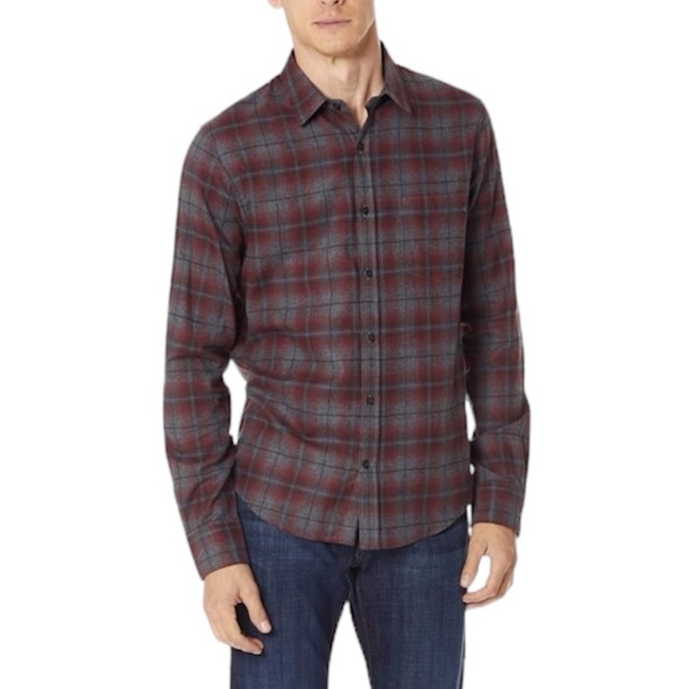 VINCE Double-Face Cotton Long-Sleeve Shirt Plaid Red and Gray